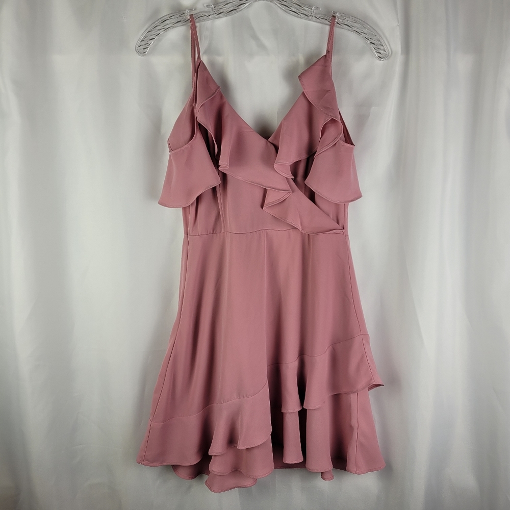 Ruffled V-Neck Mini Dress in Mauve Pink